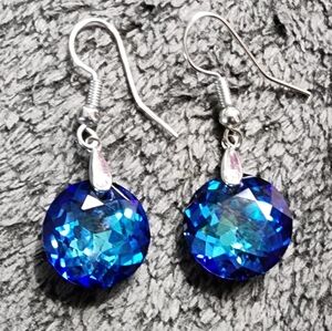 Silvertone Dangle Earrings with Blue Iridescent Crystals